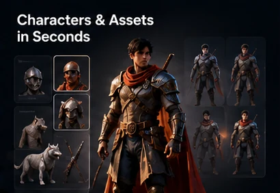 Characters and assets in seconds: an armored hero with generated helmets, creatures, weapons and pose variants