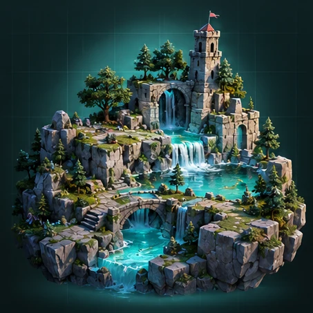 Generated floating island with a tower and waterfalls