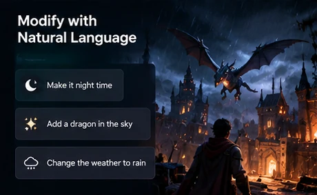 Modify with natural language: "Make it night time", "Add a dragon in the sky", "Change the weather to rain"