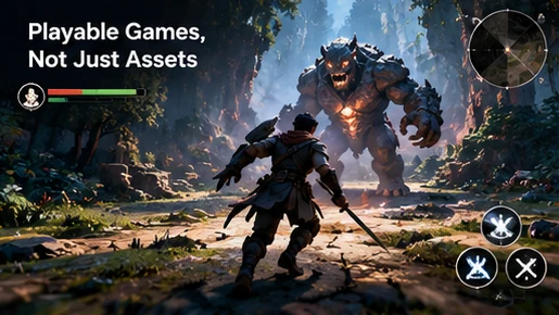 Playable games, not just assets: a third-person hero facing a stone golem with health bar, minimap and controls