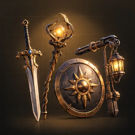 Generated sword, staff, shield and lantern mace