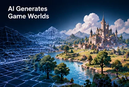 AI generates game worlds: a wireframe landscape resolving into a castle, river and forest